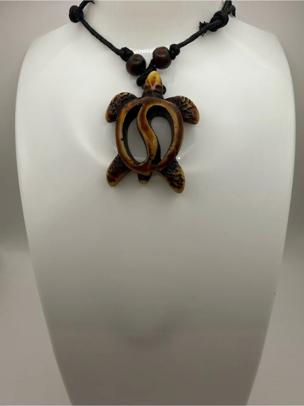 Sea Turtle Carved Tribal Pendant Adjustable Necklace with Leather Band Brown